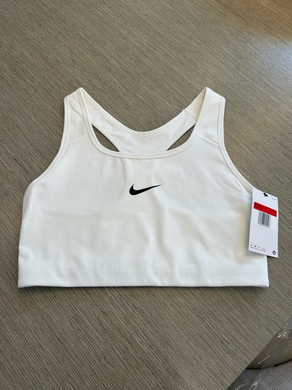 Nike White Racerback Sports Bra with Black Swoosh